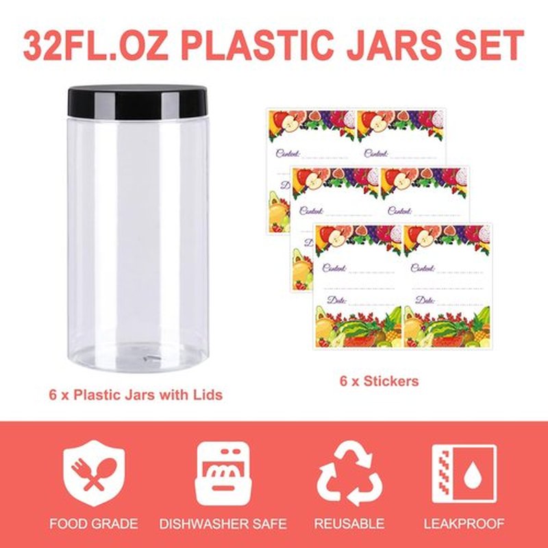 Jaisie.W Plastic Jars with Lids 32 oz 6Pack,Empty Clear Plastic Jars with Lids for Storage, Round Leakproof Containers for Nuts,Cookies,Dried Fruit,Small Snacks(32fl.oz,set of 6)