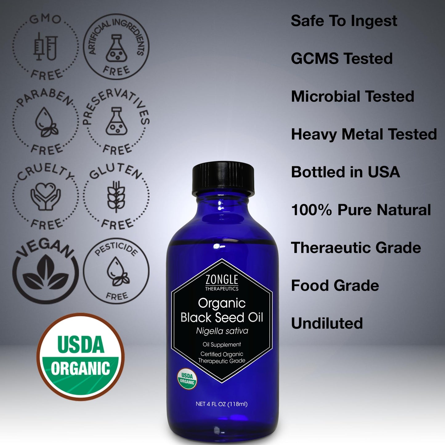 Organic, Black Seed Oil, Cold Pressed, for Hair, Face, Immune Support– 100% Pure, Black Seed Oil, by Zongle Therapeutics, 4 OZ