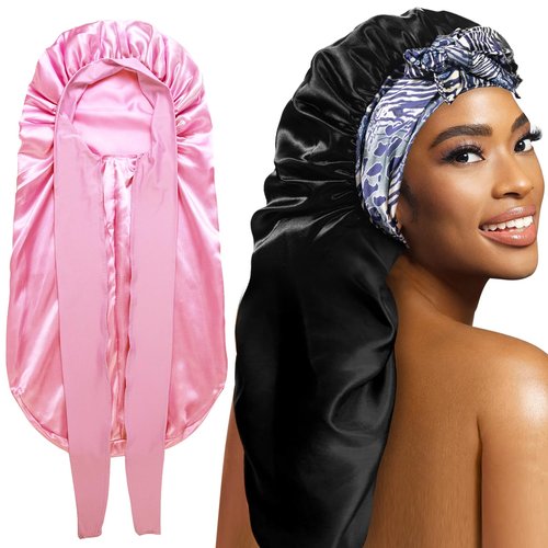 2Pack Bonnets for Black Women Braid Bonnet, Large Long Bonnet Satin Bonnet for Braids,Black Women Silk Bonnet with Stretchy Tie Band Braid Bonnet for Sleeping Extra Long (Pink &Black Pattern)
