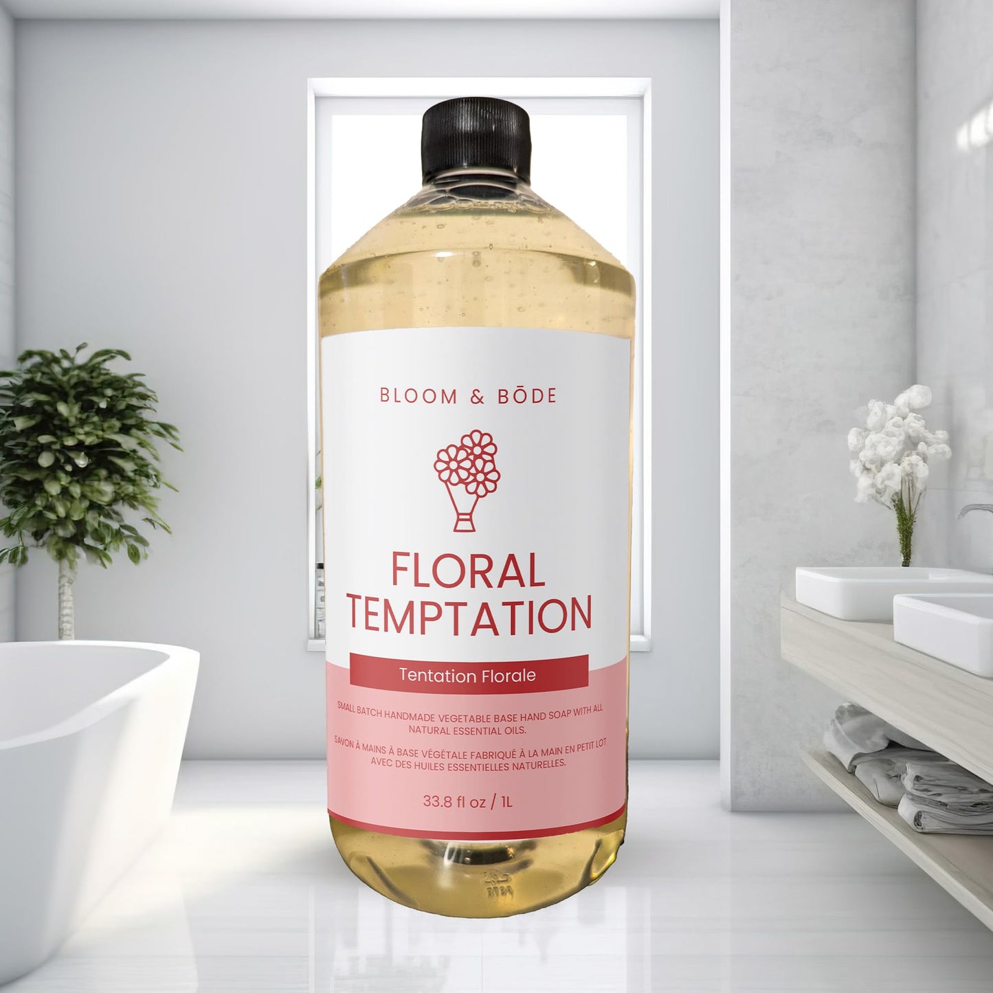 Luxury Liquid Hand Soap Refill - Natural Scented Hand Wash - Gentle Hand Soap with Essential Oils & Aloe Vera - Moisturizing Handwash for Bathroom and Kitchen - Floral Temptation Scent, 33.8 fl oz