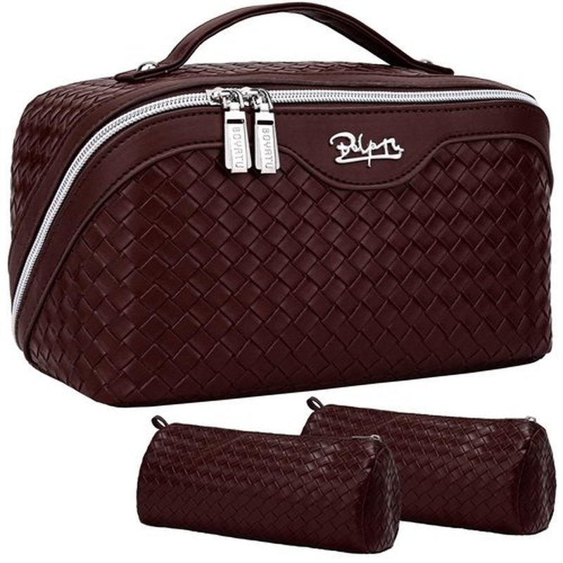 BOYATU Makeup Bag Travel Cosmetic Case: Large Capacity Woven Cosmetic Bag Organizer - Portable Toiletry Bags with Handle for Women 1-Z-wine red