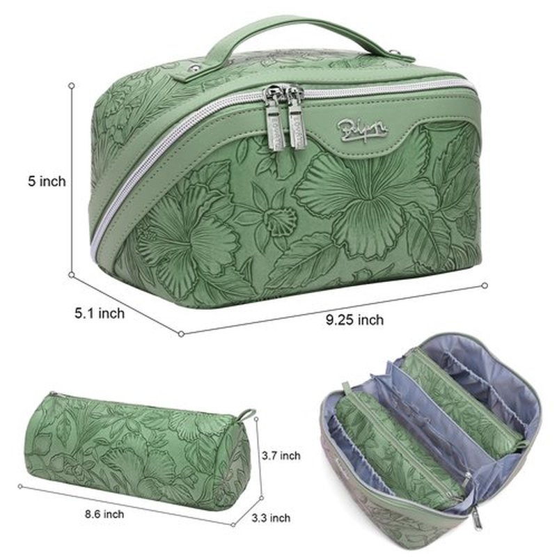 Travel Makeup Bags Cosmetic Organizer Bag: 3-Set Large Capacity Make up Bag - PU Leather Toiletry Bag for Women - Wide Open Portable Pouch with Divider & Handle (03-Green-2)