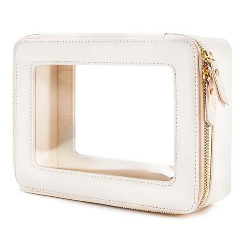 Aveniee Large Clear Makeup Bag Cosmetic bags, Travel Toiletry Bag for Women, Clear Make up Bag Case, Chic Makeup Pouch with Transparent Vinyl Windows & Gold Zippers(White)