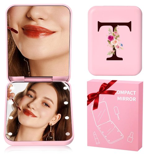 KEWWADB Travel Mirror with Lights, Initials Portable Compact Mirror, Travel Essentials, Suitable for Teen Girls, Young Women Gifts Ideas, Birthdays Gifts(Pink) (T)