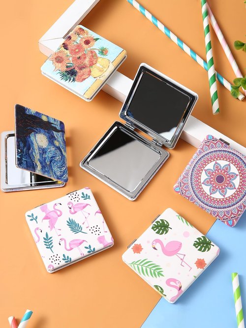 OMIRO 1X/3X Magnifying Mirror, Unique Painting Compact Mirror with Classical PU Leather, 2.4" W x 3.4" L (Flamingo and Tropical Print)