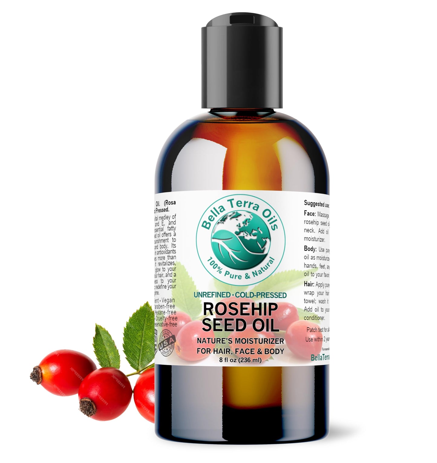 Bella Terra Oils - Natural Rosehip Facial Oil 8 oz - Dive into Natural Rosehip's Essential Fatty Acids & Antioxidants, Infused with Vitamin F, Elevate Daily Face Rituals