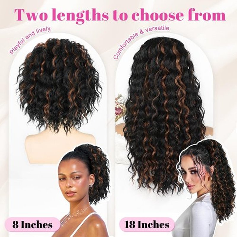 ALXNAN Wavy Curly Ponytail Extension, 18" Black With Highlights Drawstring Ponytail for Black Women Short Soft Natural Synthetic Hairpiece Thick For Daily Use