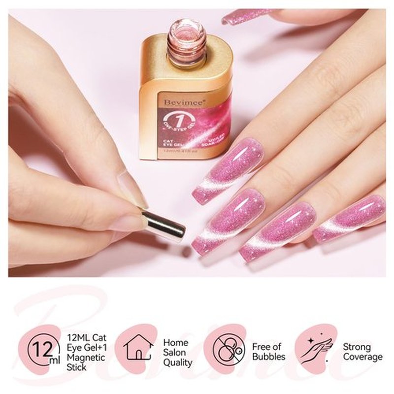 Bevimee Cat Eye Gel Nail Polish, 12ML Magnetic Pink Glitter Cateye Gel Polish Shimmer Crushed Ice Effect, 3 In 1 No Base/Top Coat Required - Soak Off UV Gel For Spring/Summer Nail Art Manicure