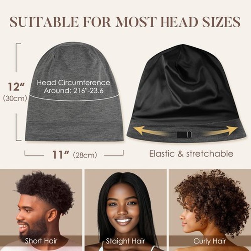 LULUSILK Mulberry Silk Lined Sleep Cap, No More Frizzy Tangled Hair, Stay On All Night Silk Hair Wrap for Sleeping with Adjustable Strap, Silk Bonnet for Women and Men, Dark Grey, Pack of 1