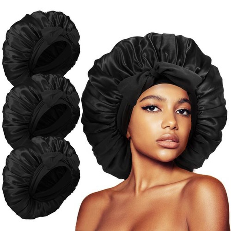 3Pcs Silk Bonnet for Sleeping Women, Extra Large Satin Bonnet for Black Curly Women Braids Hair Jumbo Bonnet showercap(Black)