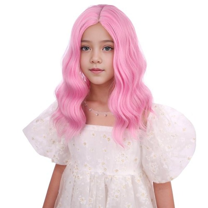 DUDUWIG Girls Light Pink Wig Kids Short Pink Wavy Curly Wigs Children Pink Side Part Wig Synthetic Cosplay Hair Wig
