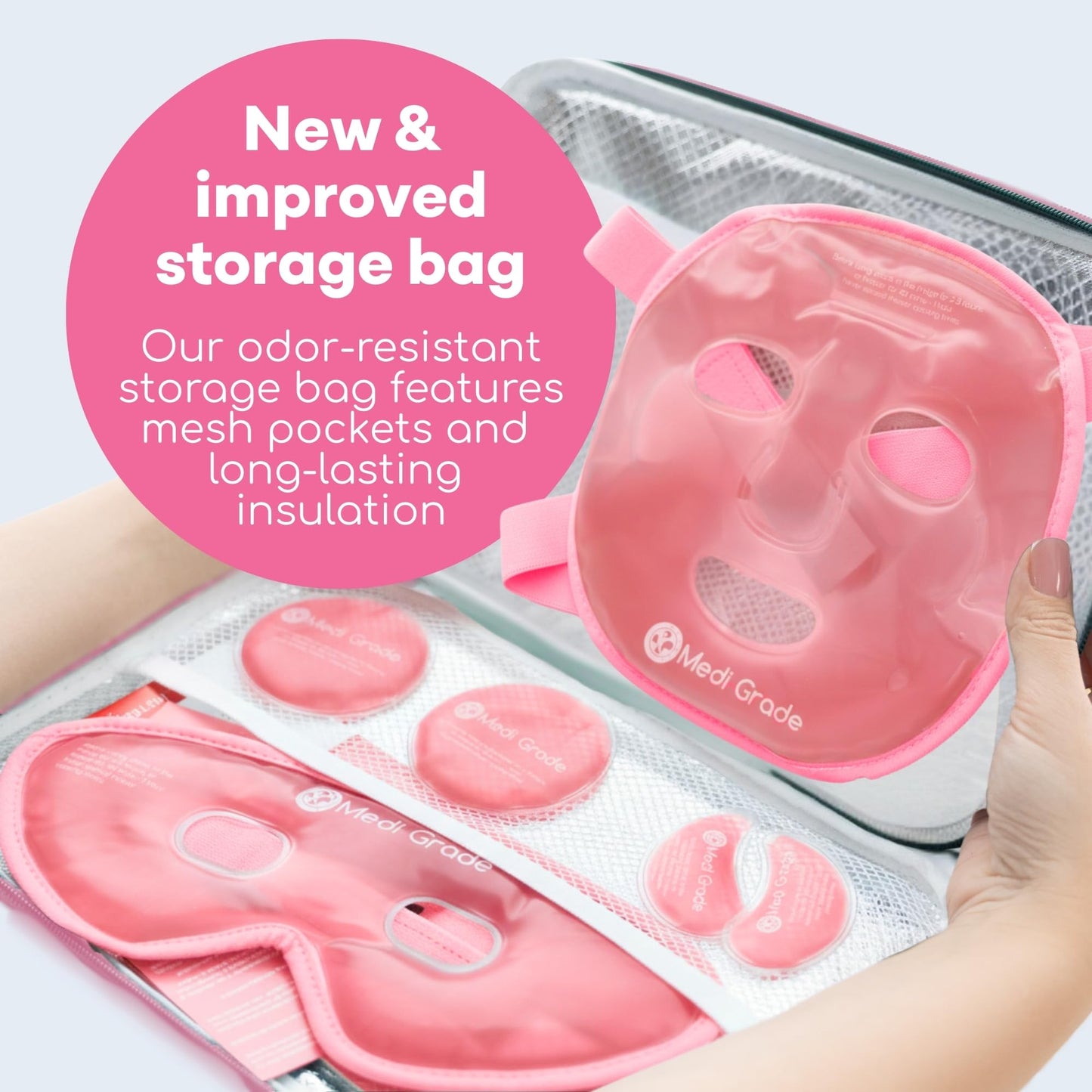 Medi Grade Cooling Ice Face Mask and Cooling Eye Mask for Puffy Eyes, Pink - Self Care Face Ice Pack with ChillGel Face Ice Mask Technology - Cooling Face Mask, Eye Pads and Bag