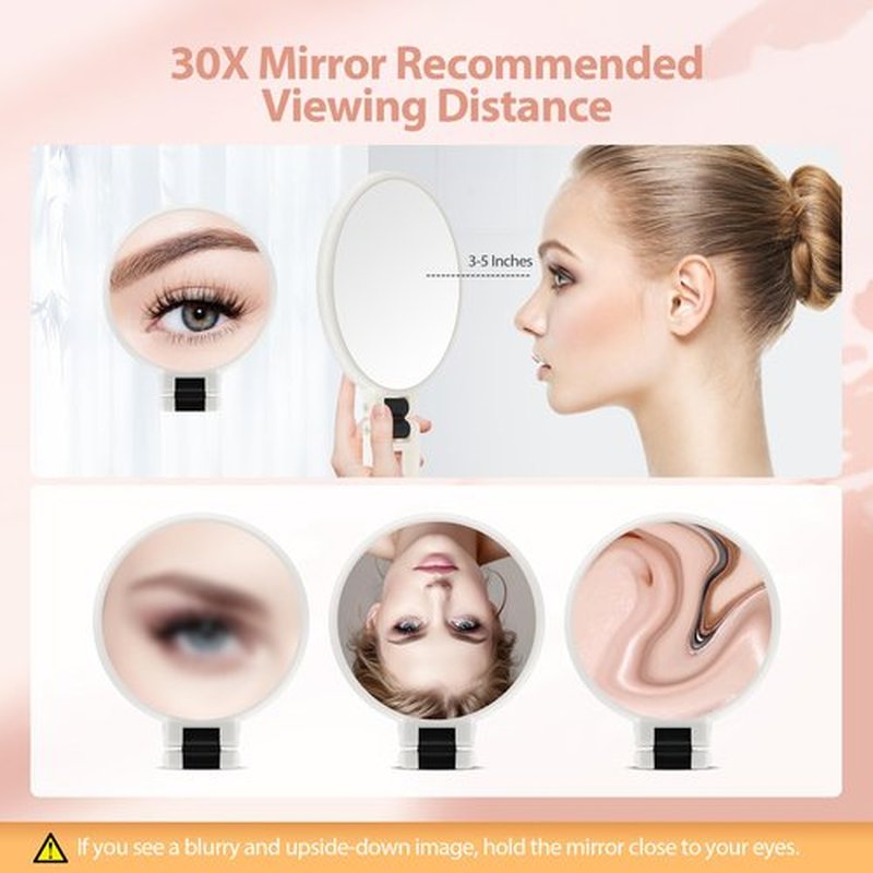B Beauty Planet Hand Mirror, 30X Magnifying Mirror on Stand, Double Sided Magnifying Mirror with 30X/1X Magnification, 360°Adjustable Handle, Portable Travel Makeup Mirror for Eyebrow Plucking White