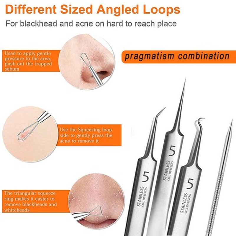 5pcs Blackhead Remover Tweezers Pimple Popper Tool Kit, Precision Acne Needle Comedone Blackhead Tweezers Extractor Removal Whitehead Popping Zit for Nose Face Skin Blemish Extractor Tool