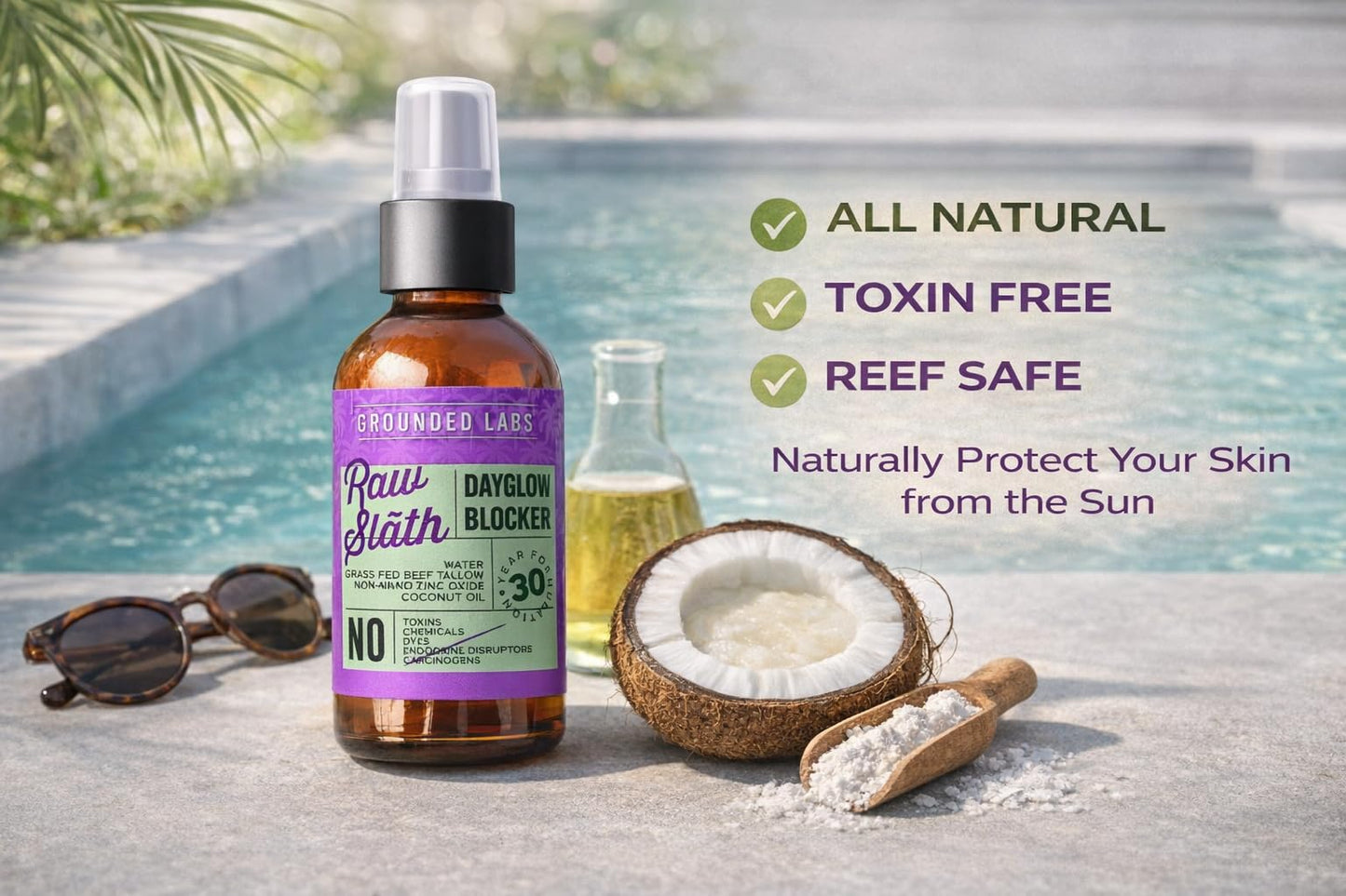 GROUNDED LABS Beef Tallow and Zinc Oxide Chemical-Free Sunscreen with 100% Grass-Fed Beef Tallow, Reef-Safe Non-Nano Zinc Oxide & Coconut Oil Mineral Sunblock SPF 30