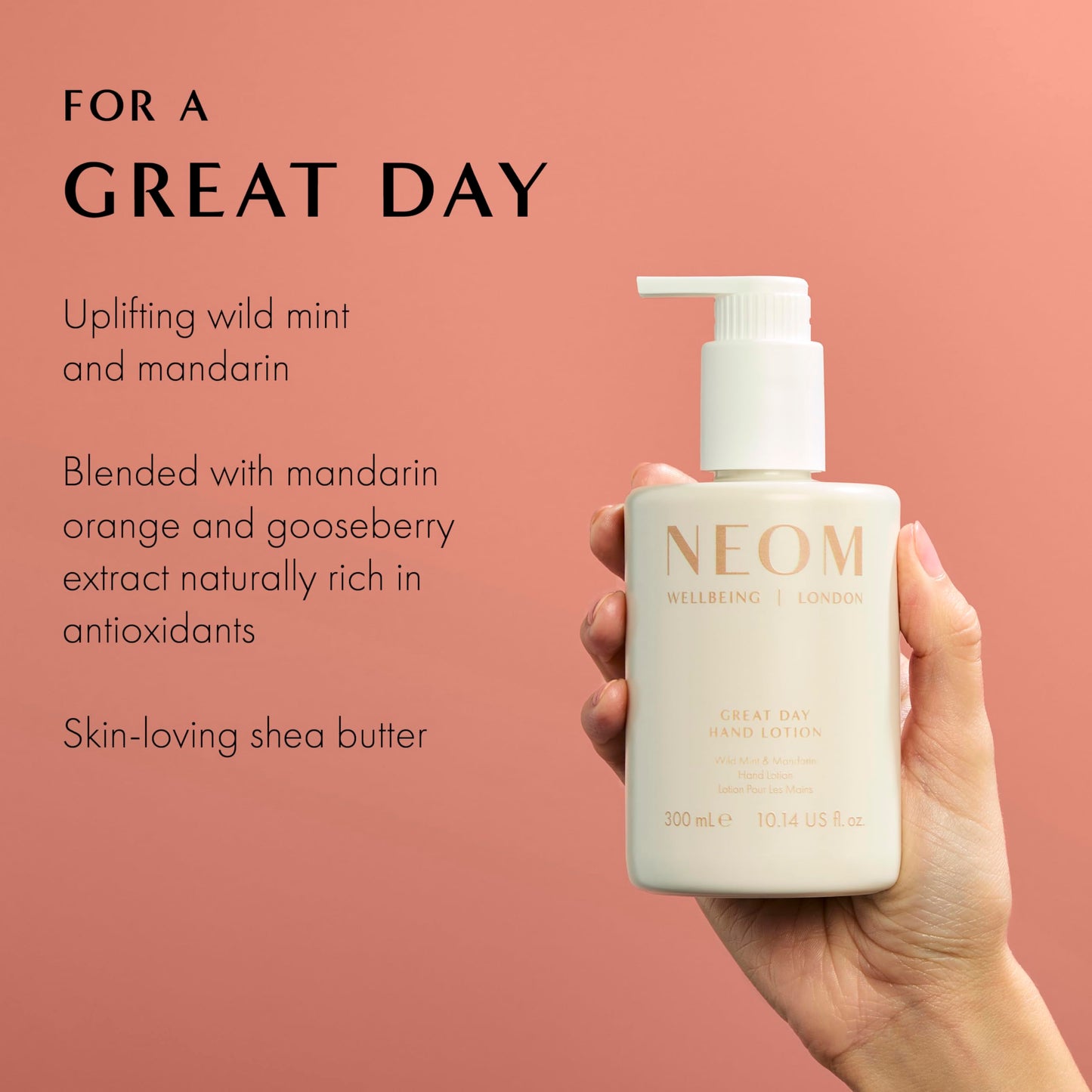 Neom Great Day Hand Lotion, 300ml | Wild Mint & Mandarin I 7 Essential Oils I 100% natural fragrances I 100% recyclable bottle I Luxurious formula I Hydrating