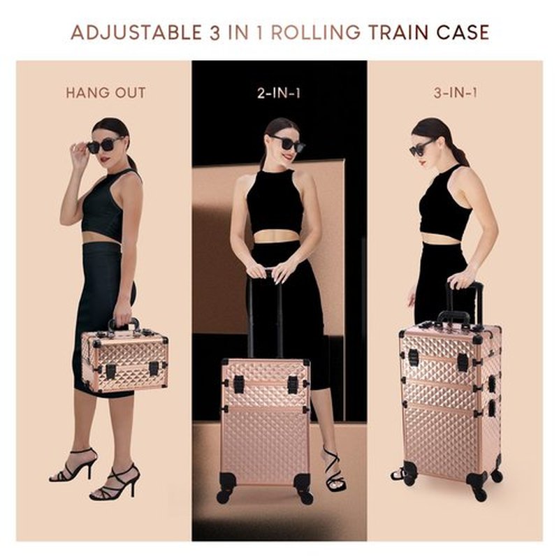 Frenessa Rolling Makeup Train Case 3 in 1 Professional Cosmetic Trolley Large Storage with keys Swivel Wheels Salon Barber Case Traveling Cart Trunk for Make Up Nail Tech - Vintage Rose Gold