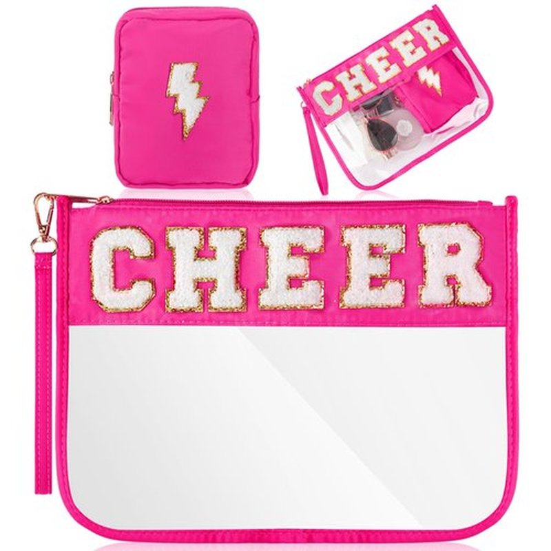Hillban 2 Pcs Cheer Theme Gifts Cheer Chenille Letter Bags Pink Preppy Patch Makeup Bag Flat Clear Pouch PVC Organizer Purse Waterproof Travel Cosmetic Bag Portable Toiletry Storage Bag for Women