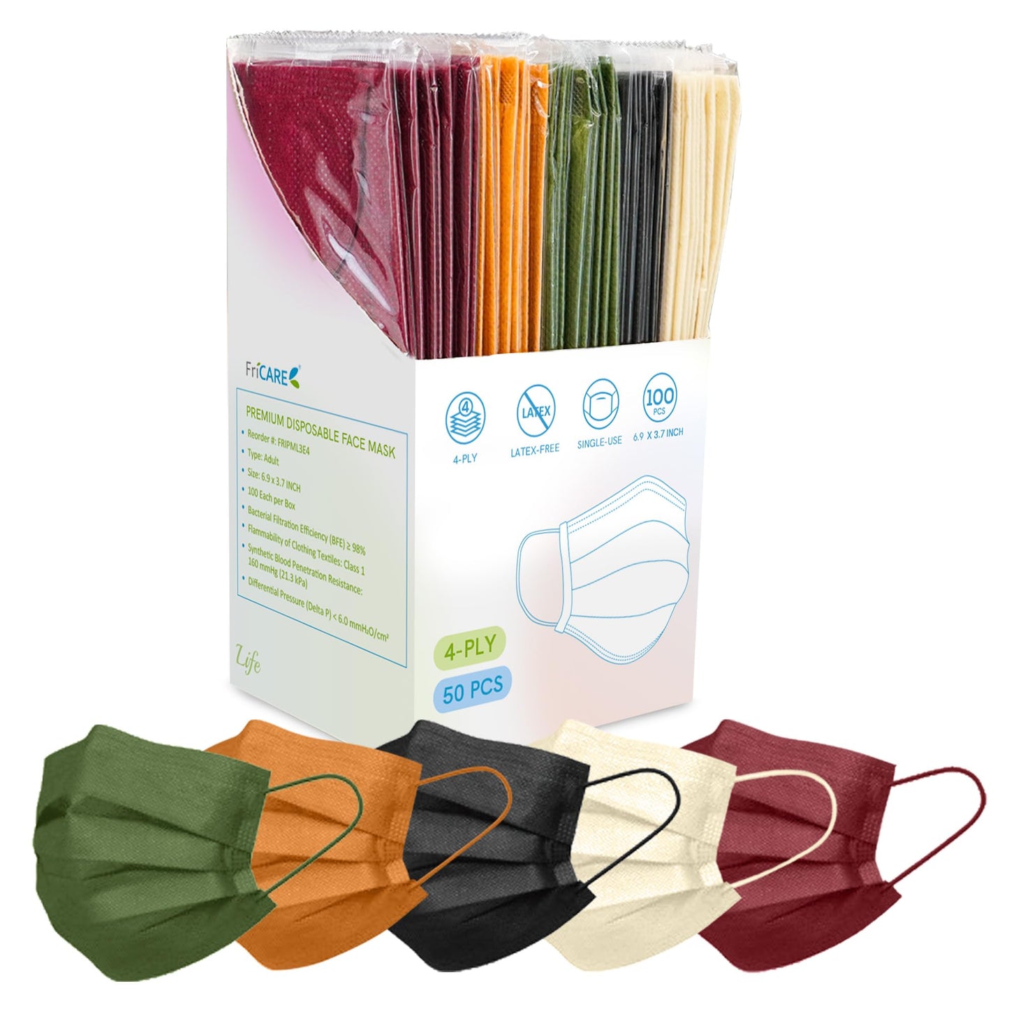 FriCARE Face Masks Disposable for Adults, 4 Ply ASTM Level 3, Individually Wrapped Mask for Allergy Protection, 50 Pack, Assorted Fall