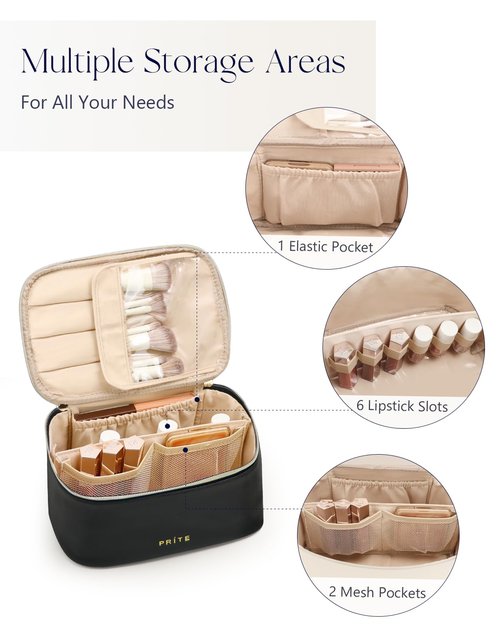 Prite Makeup Bag, Large Capacity Portable Travel Cosmetic Bag, Waterproof Makeup Organizer for Women with Handle and Divider(Black)