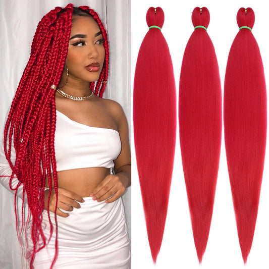 Leeven 26 Inch Red Pre Stretched Braiding Hair 3 Pack Braiding Hair Blue Braiding Hair Extensions For Braiding Crochet Hair (Red#)