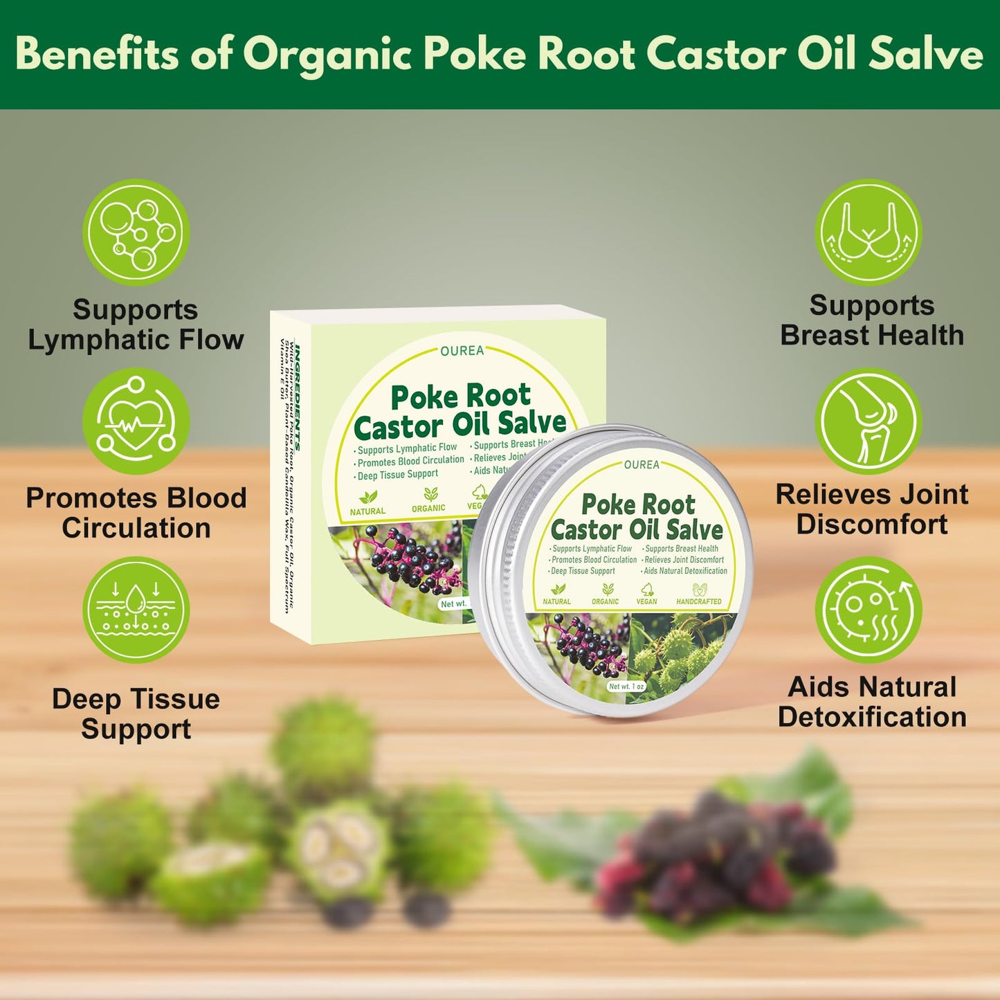 Poke Root Castor Oil Salve, Organic Lymphatic Support Massage Balm, Deep Tissue Ointment for Cyst, Boils, Breast, Fibroids, Swollen Lymph Nodes & Joint, Natural, Vegan - 1 Oz