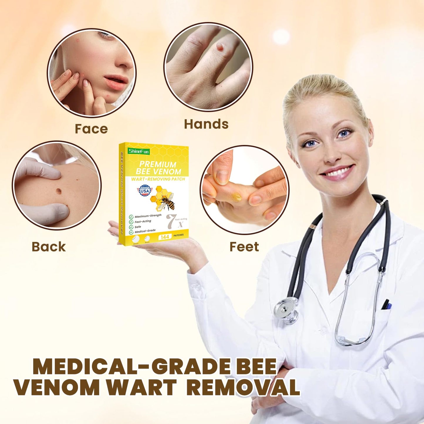 ShineFun Maximum-Strength Bee Venom Wart Remover Patches - Fast-Acting, Painless & Portable | Ideal for Sensitive Skin, Pain-Averse Users & All Skin Tones | 144 Count