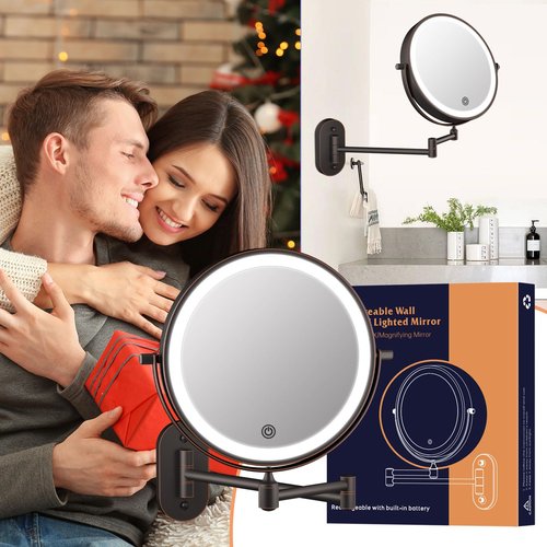 Rechargeable Wall Mounted Lighted Makeup Vanity Mirror 8 Inch Double Sided 1X 10X Magnifying Bathroom Mirror, 3 Color Lighting, Touch Dimming, Extended Arm 360 Rotation Light up Mirror Antique Bronze