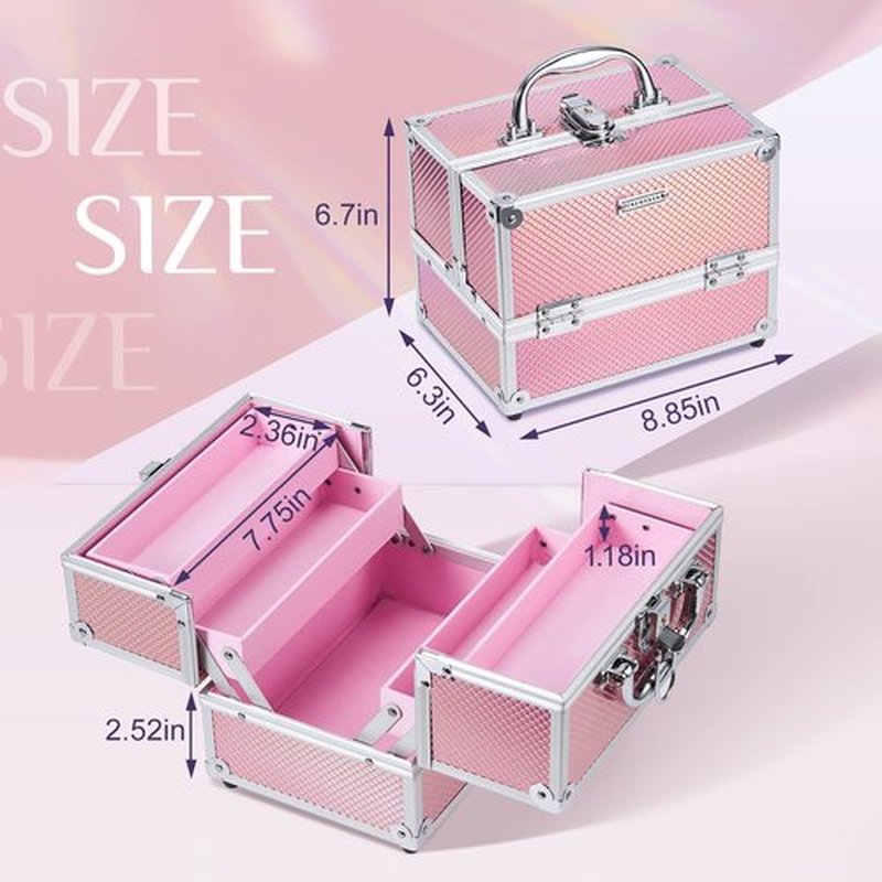 FRENESSA Makeup Train Case Beauty Cosmetic Box 4 Tier Trays Jewelry Storage Organizer with Lockable Pink Lining Perfect for Women and Girls - Mermaid Pink