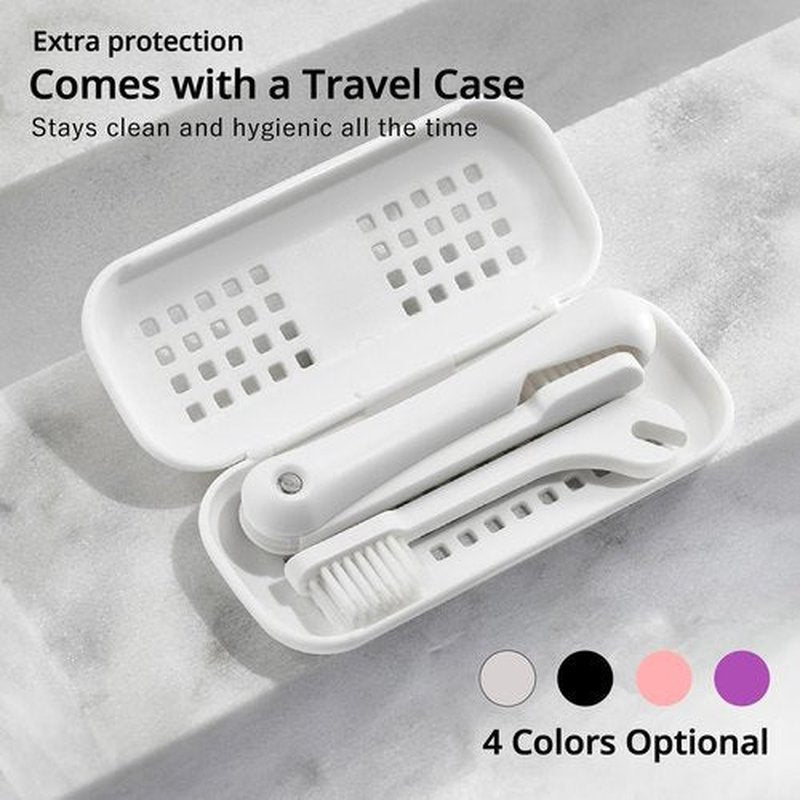 Minibox Folding Travel Toothbrush with Dual-Length Bristles & Case, Compact Mini Design for Business Trips, Camping, and Outdoor Activities, 1 Pack with 2 Extra Replaceable Brush Heads, Black & White