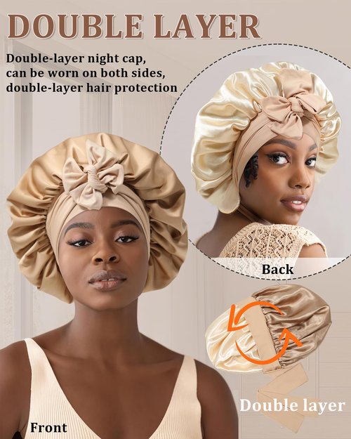 Reversible Satin Bonnet for Sleeping Women Silk Bonnet Double Layer Hair Bonnet with 2PCS Hair Scrunchies Elastic Tie Band Night Cap Hair Wrap for Natural Curly Hair (Coffee + Champagne)