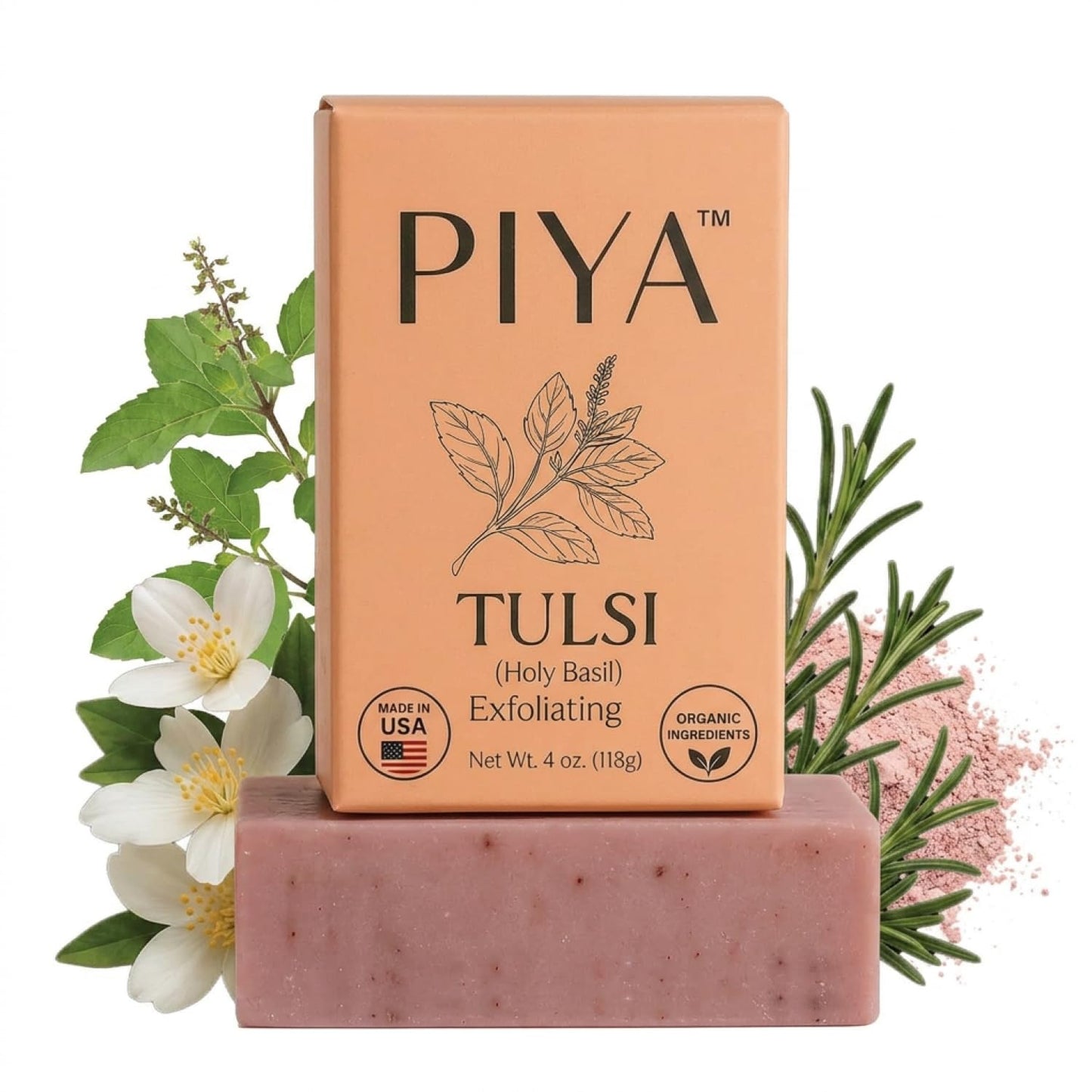 Piya Tulsi Gentle Exfoliating Bar Soap – Purifying & Calming Face & Body Cleanser with Holy Basil & Pink Clay