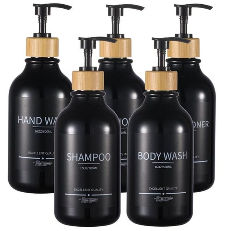 Mithrgrous Shampoo and Conditioner Dispenser Bottles,5Pack Shampoo Bottles Refillable,16.9oz Refillable Shampoo and Conditioner Bottles,(Black) Bathroom Shampoo Dispenser Set