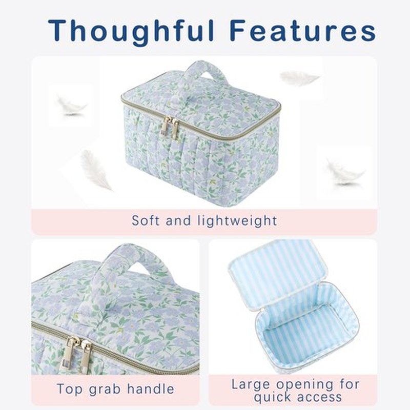 uekeboag Large Travel Quilted Makeup Bag for Women, Floral Cotton Cosmetic Bag, Coquette Aesthetic Floral Toiletry Organizer Bag(09Green Leaves