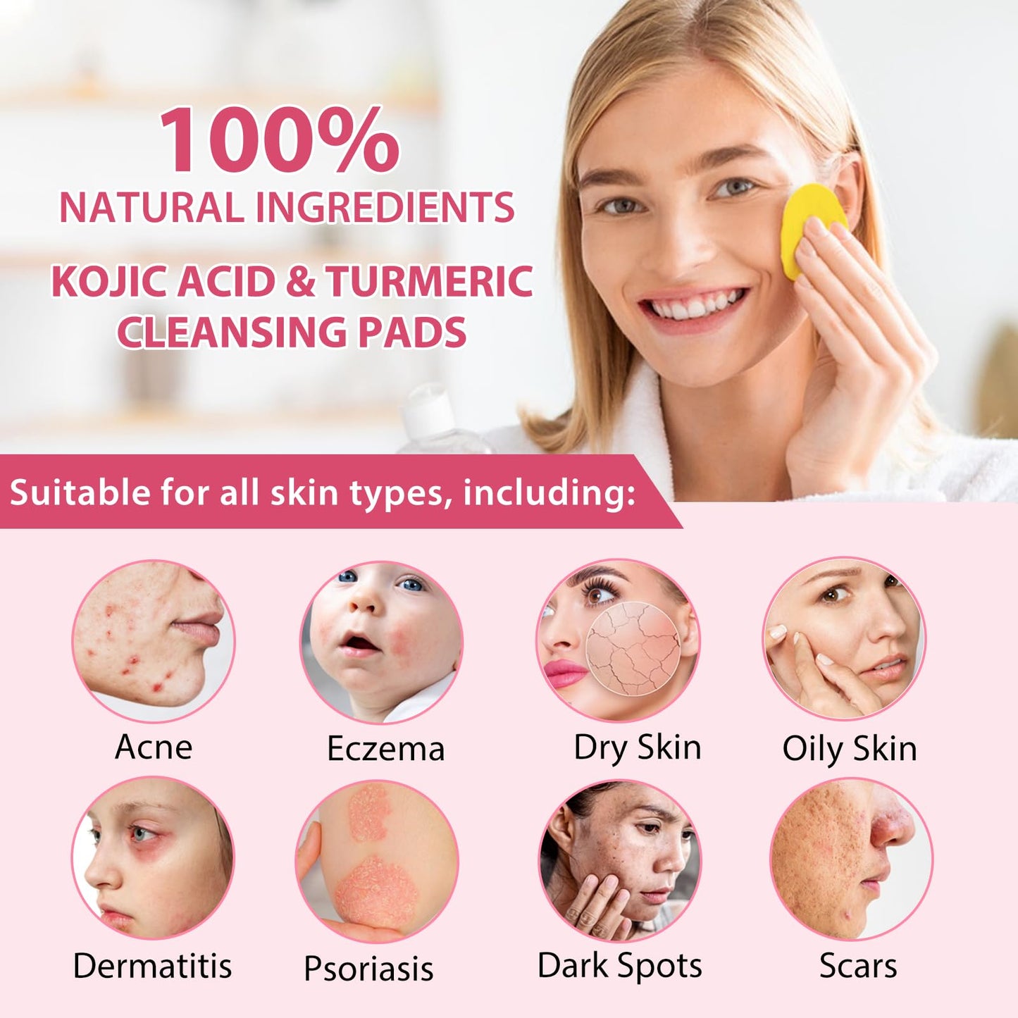 Kojic Acid and Turmeric Cleansing Pads 40Pcs, Turmeric Kojic Acid Pads for Acne Scars Face and Firming Skin, Deep Clean Pores,Exfoliating, Enriched Vitamin C, Gentle & Non-Irritating for Face Body