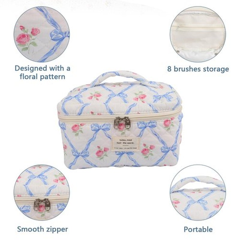 Large Makeup Bag, Cute Cosmetic Bag for Women Girls, Floral Coquette Aesthetic Toiletry Bag, Travel Make Up Organizer Bag (Blue Butterfly)