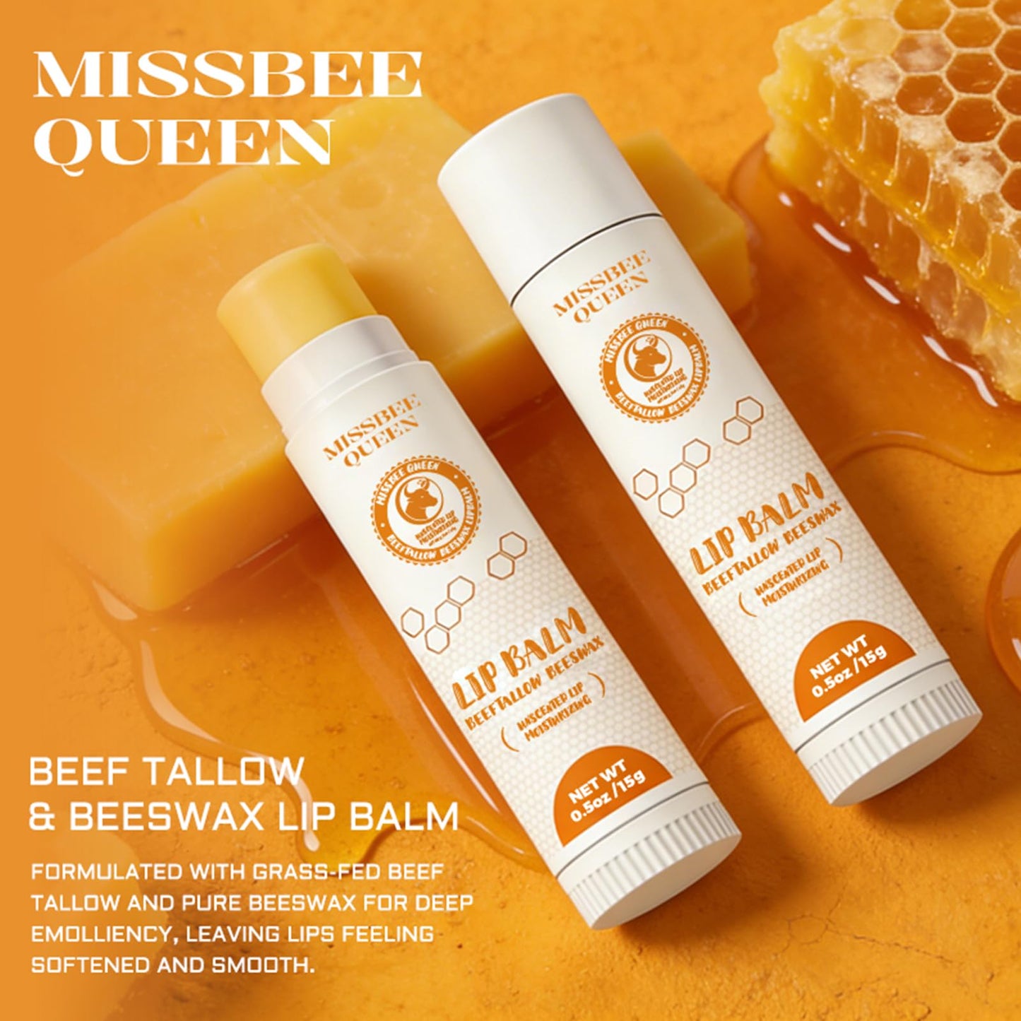 Beef Tallow Lip Balm with Original Beeswax | Dual-layer Hydrating Moisturizing for Dry Lips | Smooths Texture | Delivers Softness & Enhances Natural Shine | Unscented | 2PC (0.5 oz / 15g / 1pc)