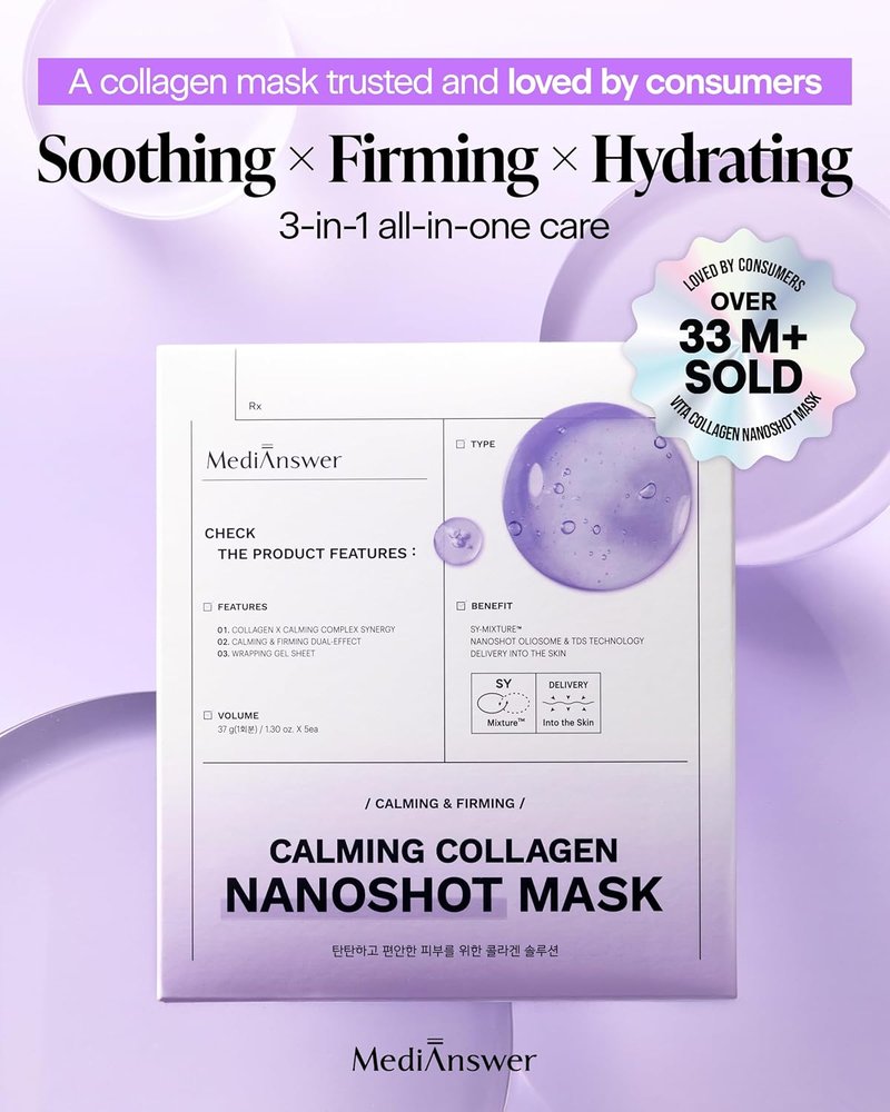 Calming Collagen Nanoshot Mask - Korean Hydrogel Face Sheet Masks with Cica & Azulene | 5 Sheets for Sensitive Skin