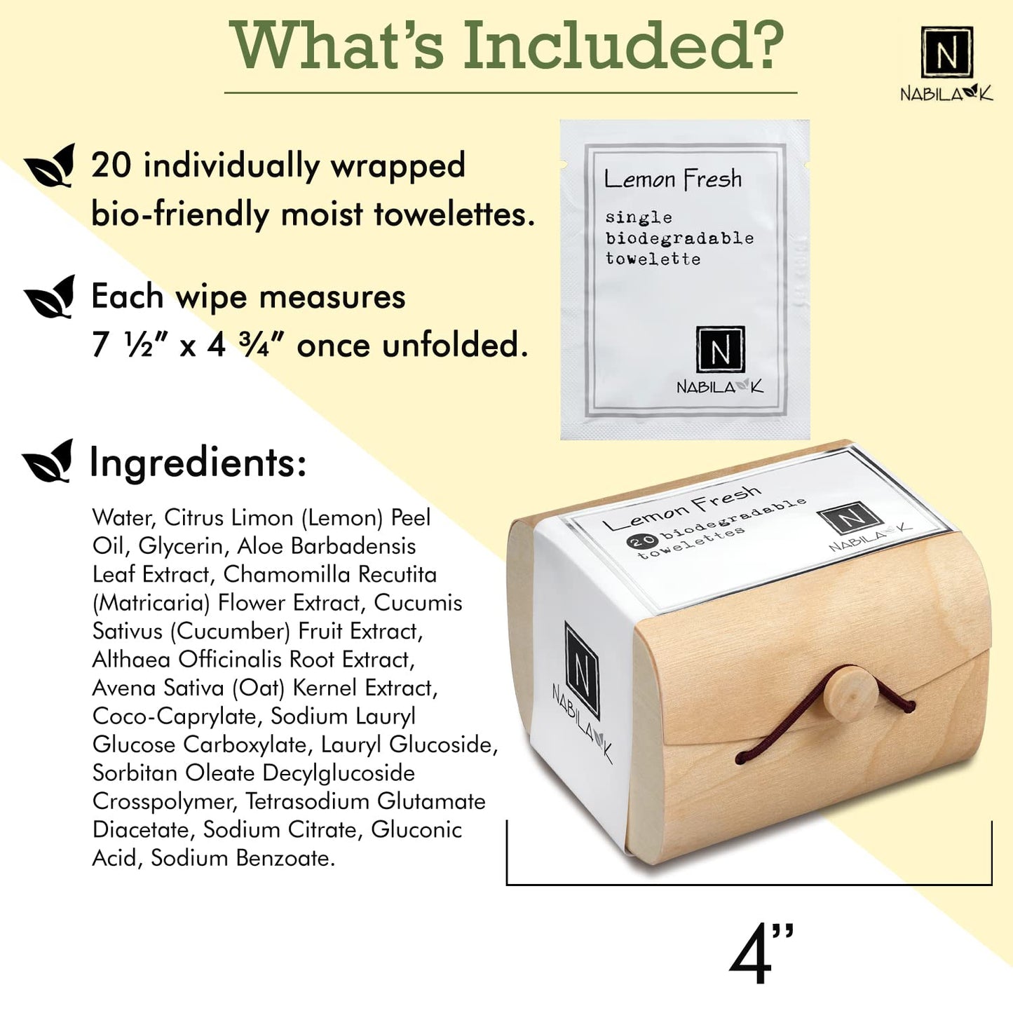 Nabila K Lemon Fresh Moist Towelettes - 20 Individually Wrapped Single-Use Wipes with Bamboo Gift Case - Alcohol-Free, Plant-Based, Biodegradable - Travel, Guest Bathroom, Spa, Events