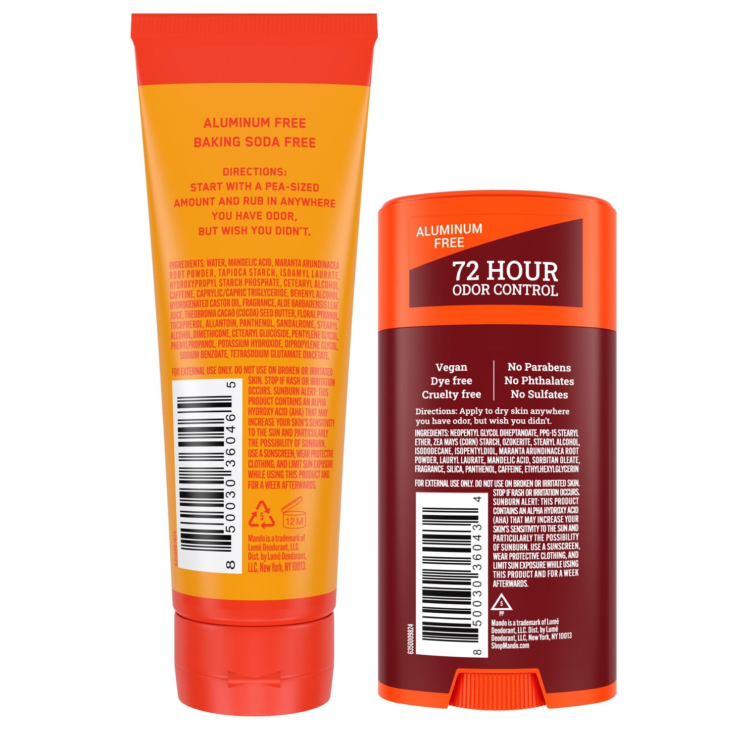 Mando Bourbon Leather Body Deodorant - 72 Hour Odor Control, Aluminum Free, Baking Soda Free - 3.0 Oz Tube and 2.6 Oz Solid Stick