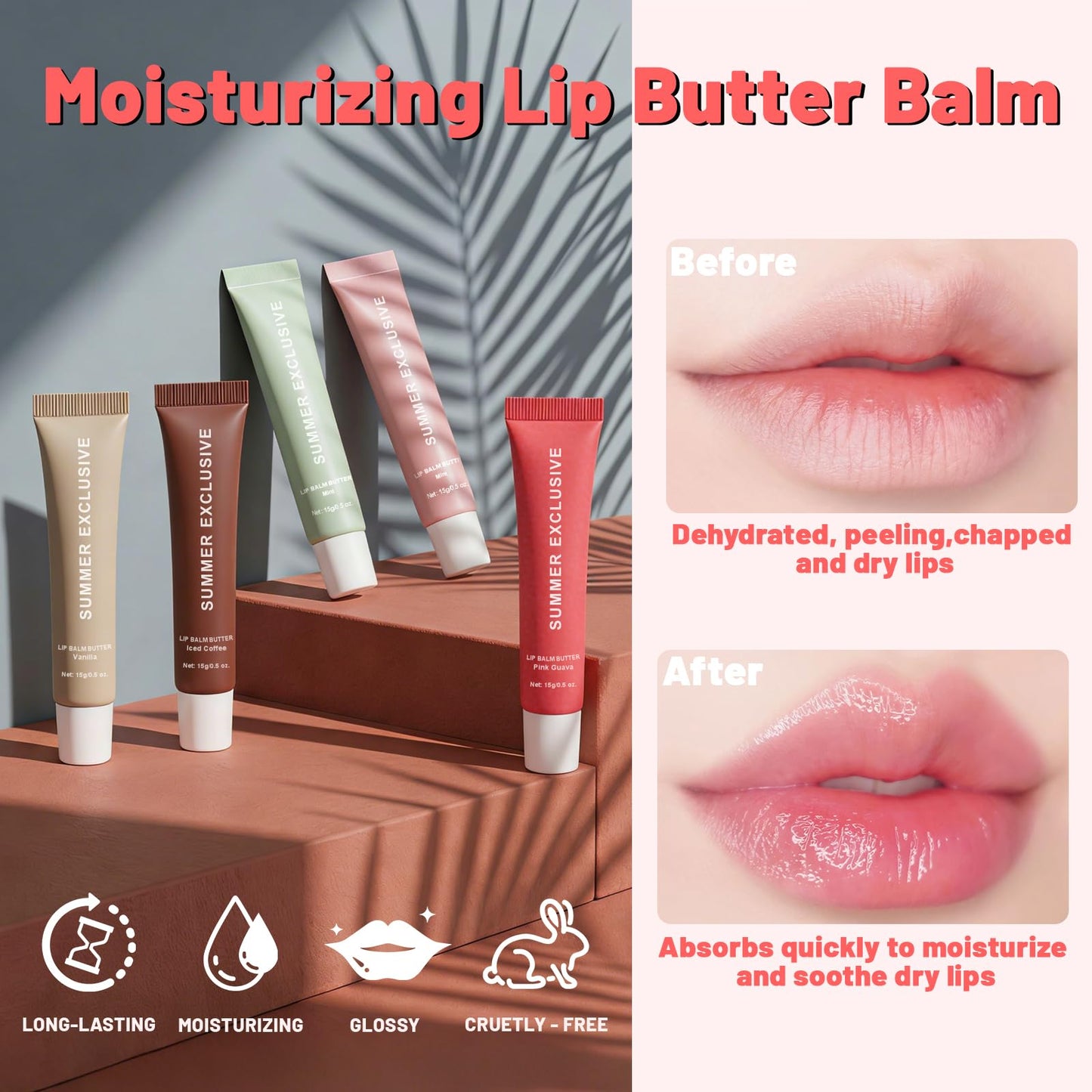 HULYHDP Summer Butter Lip Balm, Long-lasting Hydrating and Moisture, Natural Glow Non-Sticky Transfer-Proof, Nourishing for Dry Lips, Women-Focused Lip Care with Shea Butter (#Pink Guava, 1Pcs)