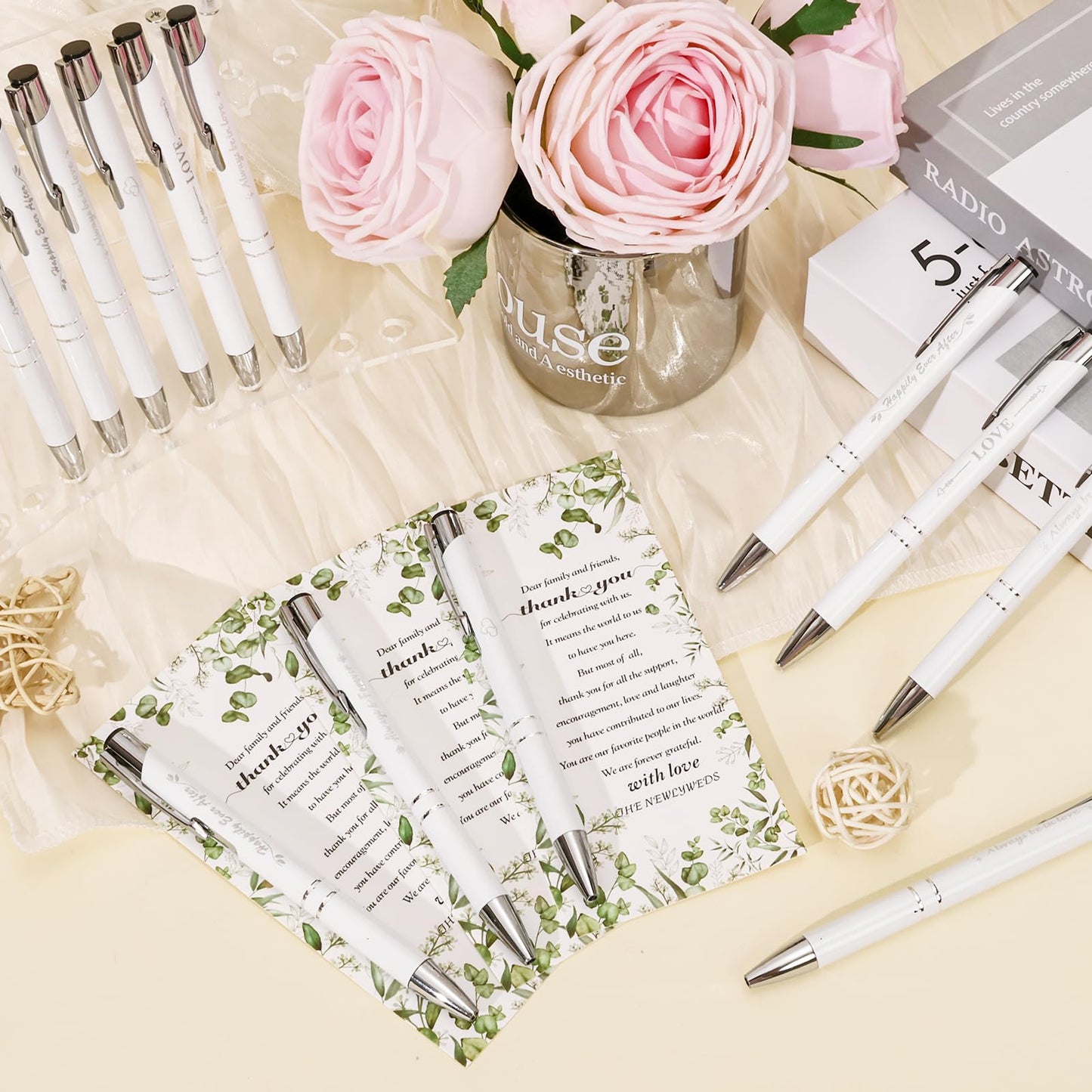YOXIFUFA 30 Sets Bridal Shower Pens Gifts Wedding Favors for Guests Bulk Includes Retractable Ballpoint Pen with Greeting Thank You Cards for Guest Wedding Souvenirs Party Supplies