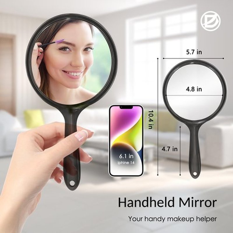 D Handheld Mirror with Handle - 5.4" W x 10.4" L Hand Mirror Large Doule Sided Magnifying Mirror 1X 2X Handle Makeup Mirror Acrylic Handheld Mirror Rounded Shape Black