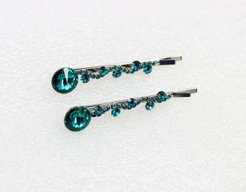 Faship A Pair Of Teal Premium Rhinestone Crystal Rhinestone Floral Hair Clips 2 Pcs Pins - Teal