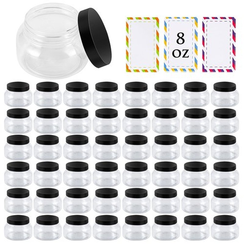48 Pack 8 Oz Plastic Containers With Lids and Waterproof Label BPA Free - Refillable Transparent Cosmetic Containers for Body Butter,Sugar Scrubs,Cream,Lotions,Candy,Bath Salt (48, Clear)