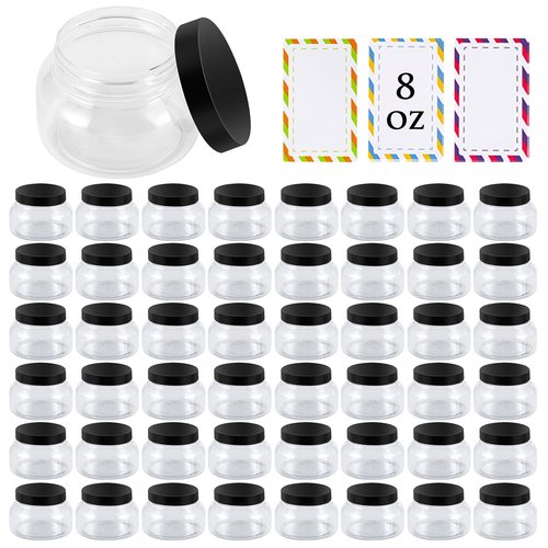 48 Pack 8 Oz Plastic Containers With Lids and Waterproof Label BPA Free - Refillable Transparent Cosmetic Containers for Body Butter,Sugar Scrubs,Cream,Lotions,Candy,Bath Salt (48, Clear)
