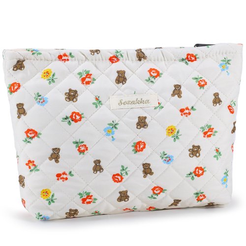 ZLFSRQ Cotton Quilted Makeup Bag Travel Cute Floral Cosmetic Bag for Women Large Coquette Flower Bear Makeup Pouch Zipper Cosmetic Pouch for Purse Aesthetic Makeup Organizer Portable Toiletry Bag