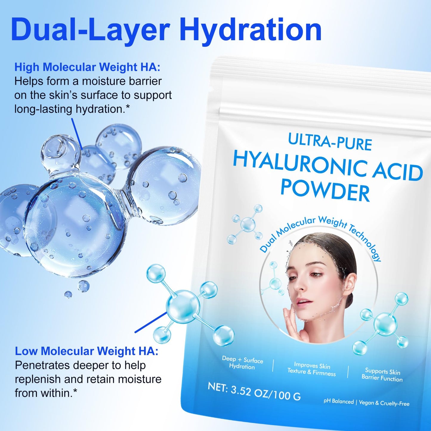 Hyaluronic Acid Powder, Deep + Surface Hydration Dual Molecular Weight Hyaluronic Acid Serum Powder, Improves Skin Texture & Firmness, Organic Moisturizing Ingredient for DIY Facial Serum, 100g