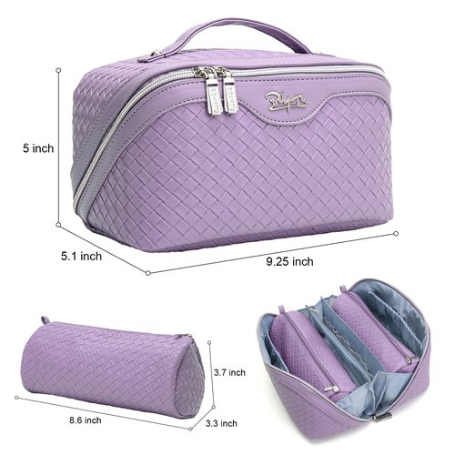 Travel Makeup Bags Cosmetic Organizer Bag: Large Capacity Make up Bag Set of 3 - Vegan Leather Toiletry Bag for Women - Portable Makeup Organizer with Compartments & Handle & Divider (02 Purple)