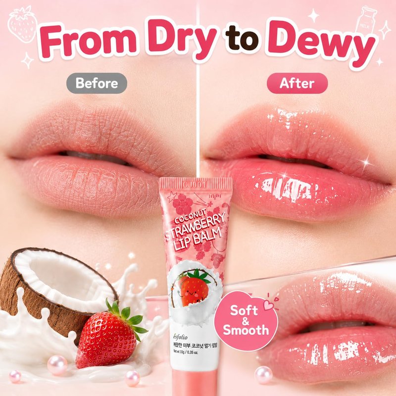 Coconut Strawberry Lip Balm | Hydrating & Nourishing Lip Care with Coconut Oil & Strawberry Seed Oil - Moisturizes Dry Lips